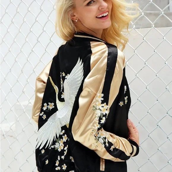Black and Gold Women's Reversible Bomber Jacket with Japanese Style Embroidery - Picture 2 of 9